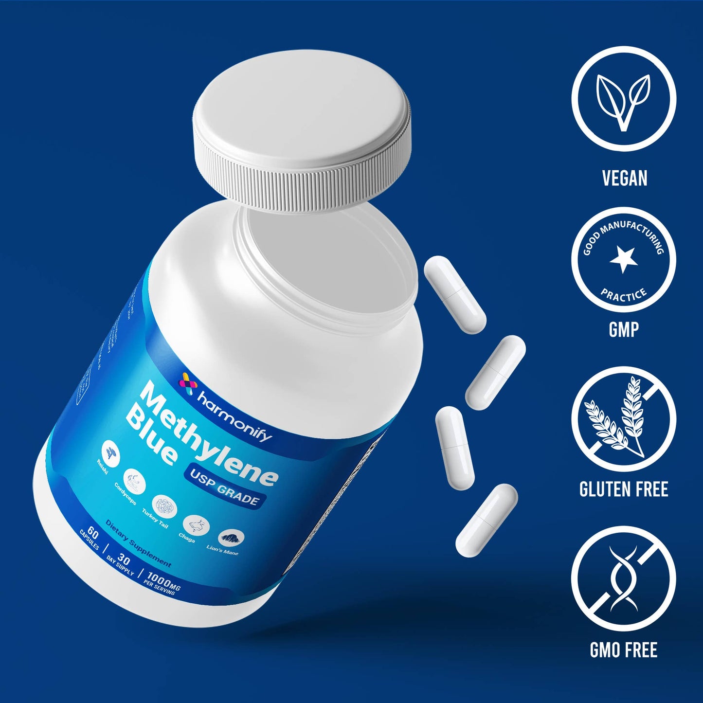 Methylene Blue Capsules 1000 mg with Mushrooms, USP Grade