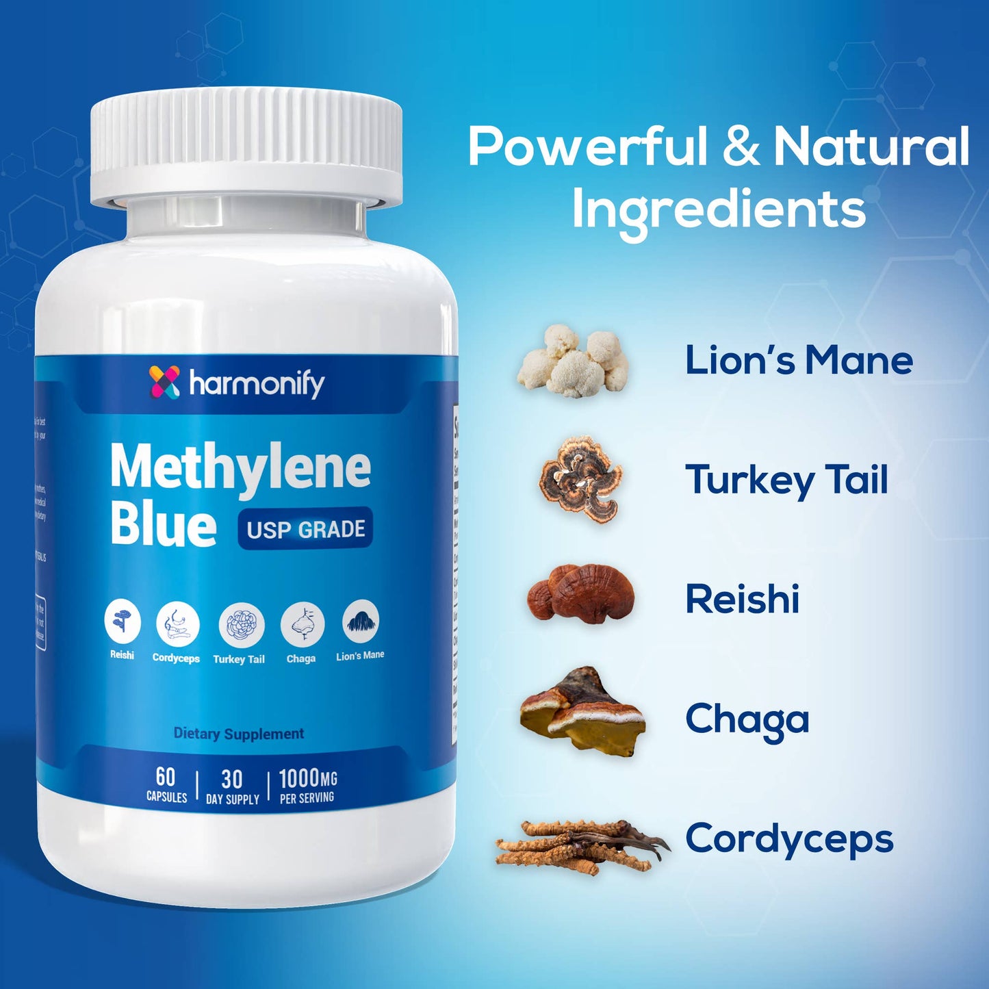 Methylene Blue Capsules 1000 mg with Mushrooms, USP Grade