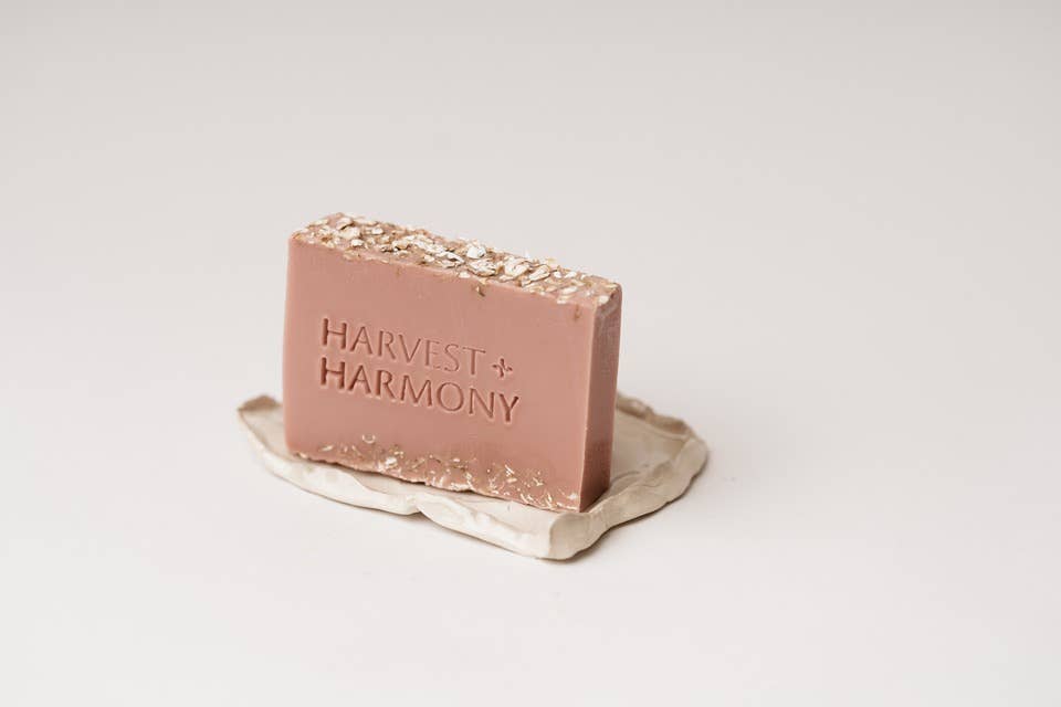 Harvest + Harmony Honey Oatmeal Goat Milk Soap on Soap Dish