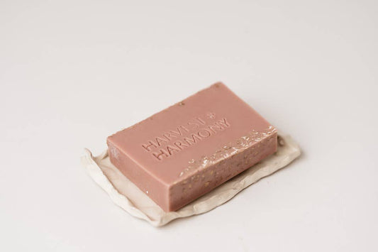Harvest + Harmony Honey Oatmeal Goat Milk Soap on Soap Dish